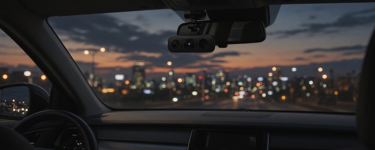 Dashcam 3 canaux fixée derrière le rétroviseur d'une voiture en ville au crépuscule