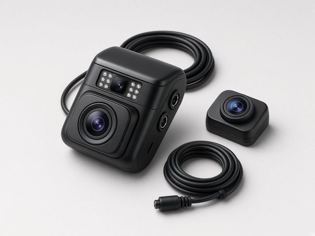 Kit dashcam 3 canaux avec caméra avant, caméra habitacle infrarouge et caméra arrière, vue produit
