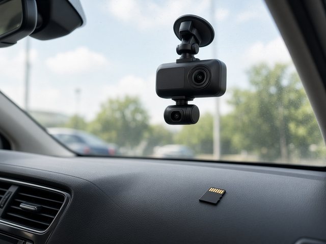 Dashcam économique avec caméra intérieure fixée au pare-brise et carte microSD posée sur le tableau de bord