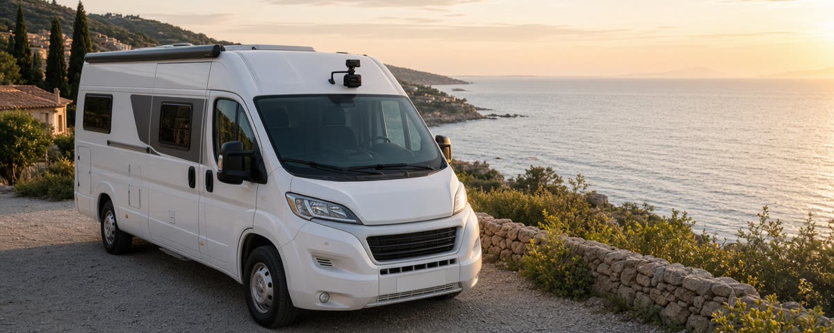 Camping-car blanc stationné face à la mer au coucher du soleil, équipé d'une caméra embarquée
