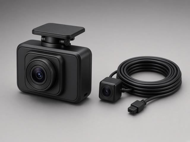 Kit dashcam avant et arrière noir avec long câble de caméra arrière enroulé, sur fond gris