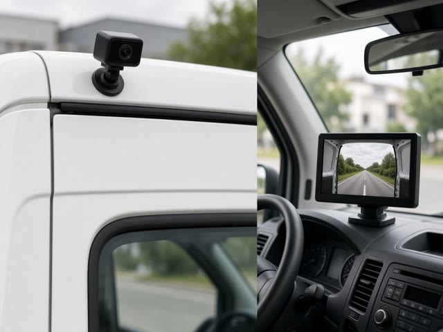 Caméra de recul fixée en haut de l'arrière d'un utilitaire blanc et écran de contrôle sur le tableau de bord