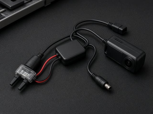 Kit d'alimentation hardwire pour dashcam avec prise fusible et module de coupure basse tension, posé sur un tapis noir