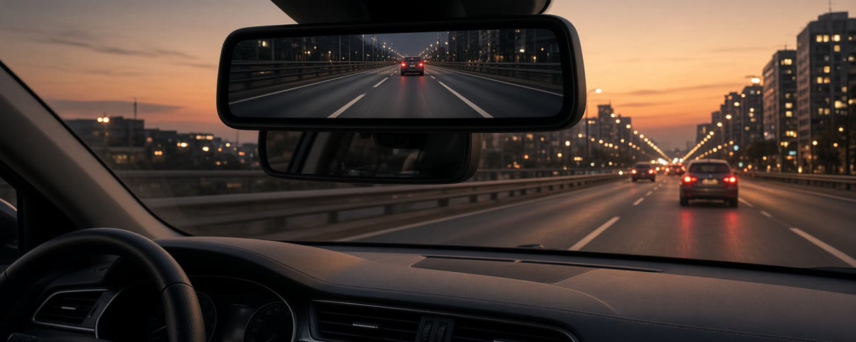 Habitacle de voiture au crépuscule avec une dashcam rétroviseur affichant l'image de la caméra arrière