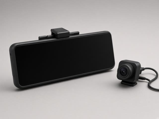 Dashcam rétroviseur noire à long écran tactile avec sa petite caméra arrière câblée, sur fond gris