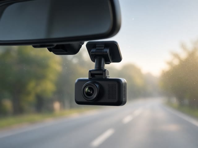 Petite dashcam noire fixée sur le pare-brise juste derrière le rétroviseur intérieur, route floue en arrière-plan