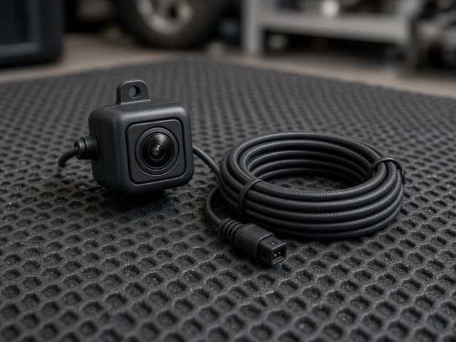 Petite caméra arrière étanche avec long câble de rallonge enroulé, posée sur un tapis caoutchouc noir dans un garage