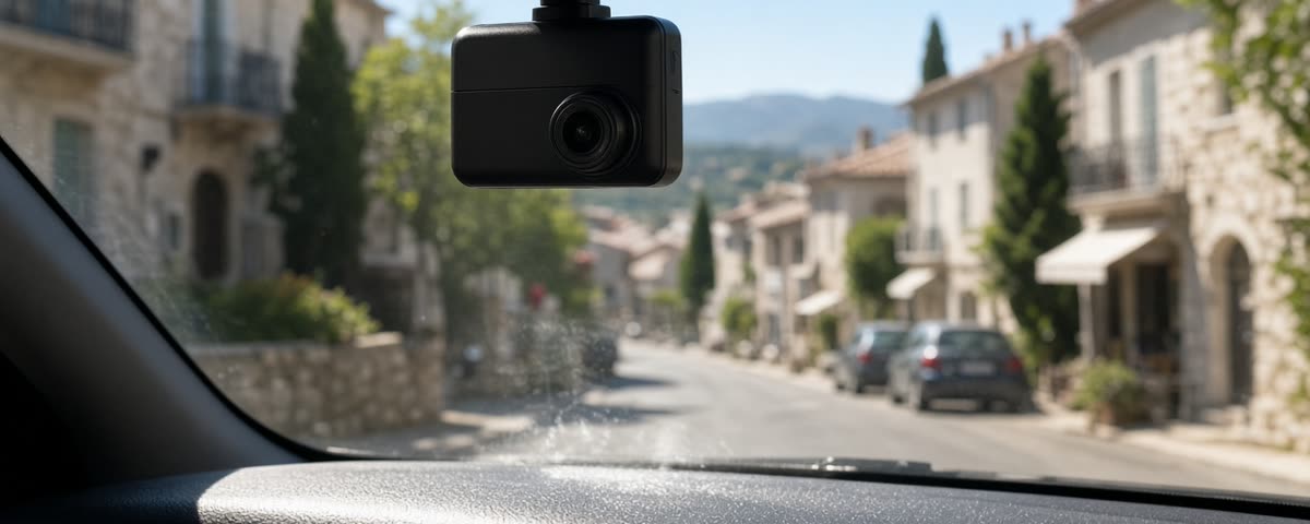 Dashcam fixée derrière le rétroviseur d'une voiture garée en plein soleil