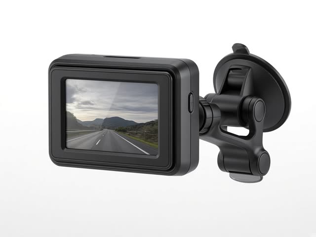 Dashcam à écran avec batterie intégrée et support ventouse, vue produit