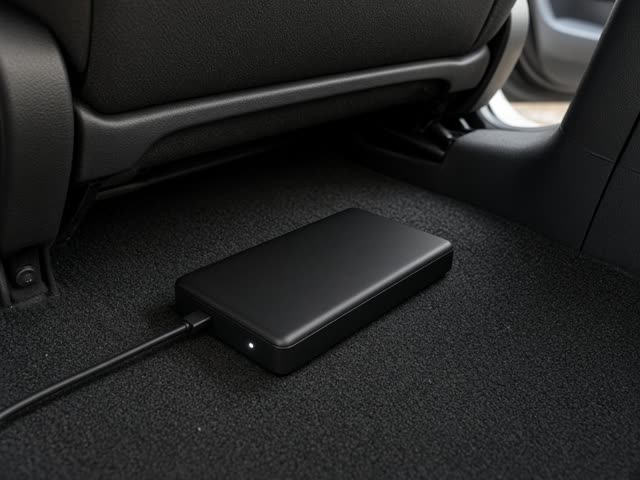 Batterie externe pour mode parking de dashcam posée sous un siège de voiture
