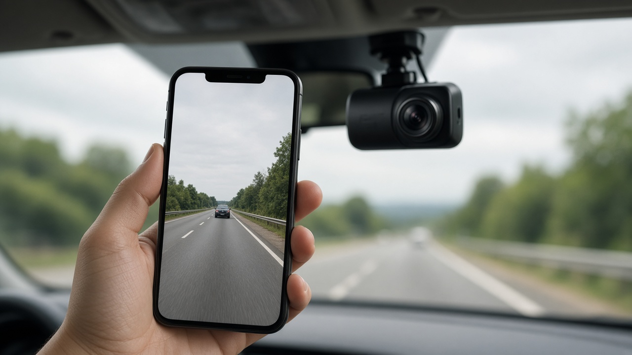 Smartphone affichant l'aperçu en direct d'une dashcam fixée derrière le rétroviseur, sur une route de campagne