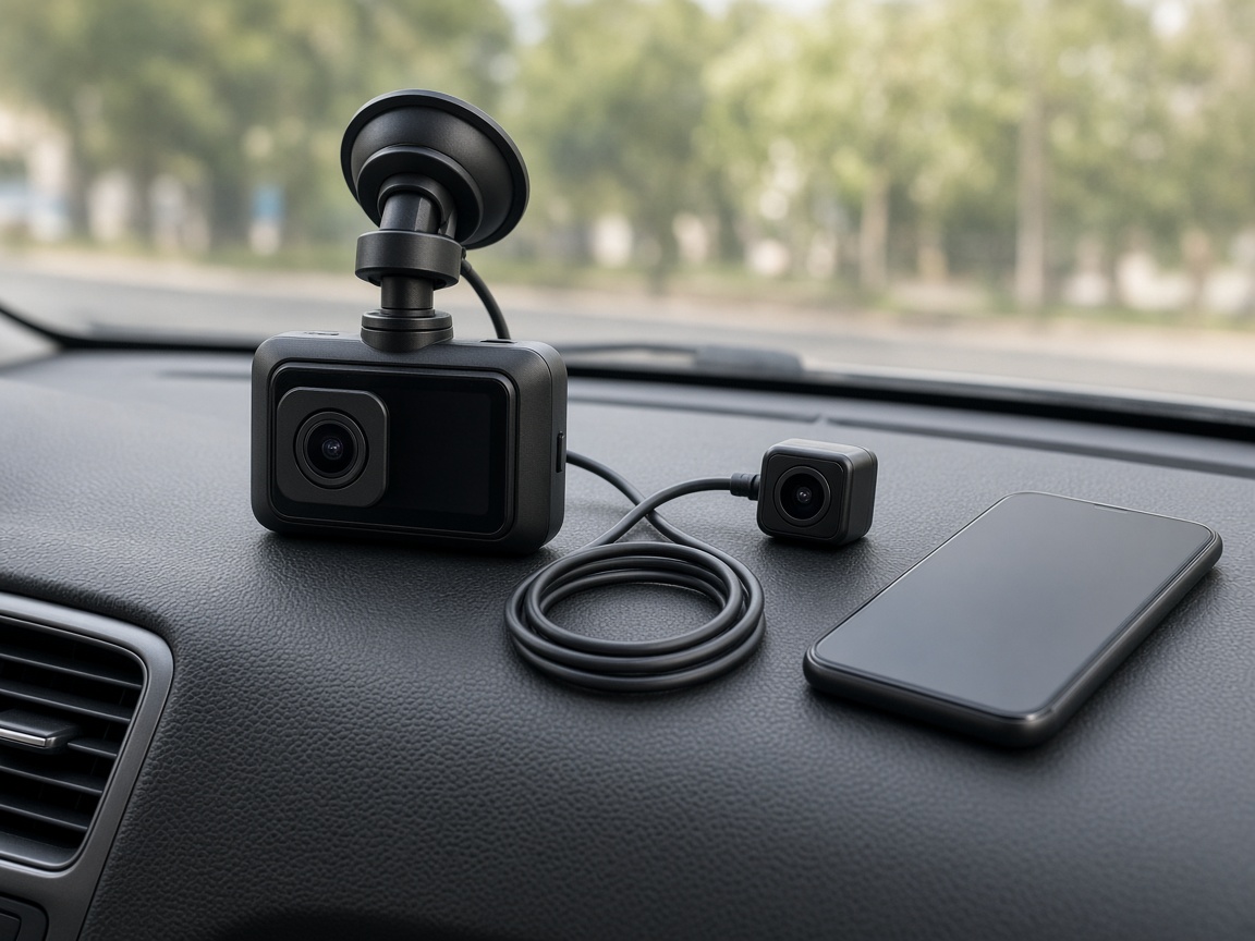 Kit dashcam avant et arrière avec câble posé sur le tableau de bord à côté d'un smartphone