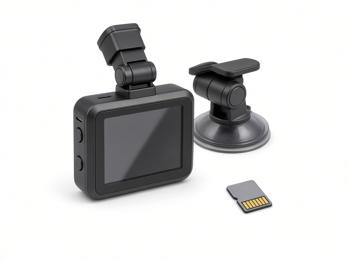 Petite dashcam économique avec écran, support ventouse et carte microSD sur fond blanc