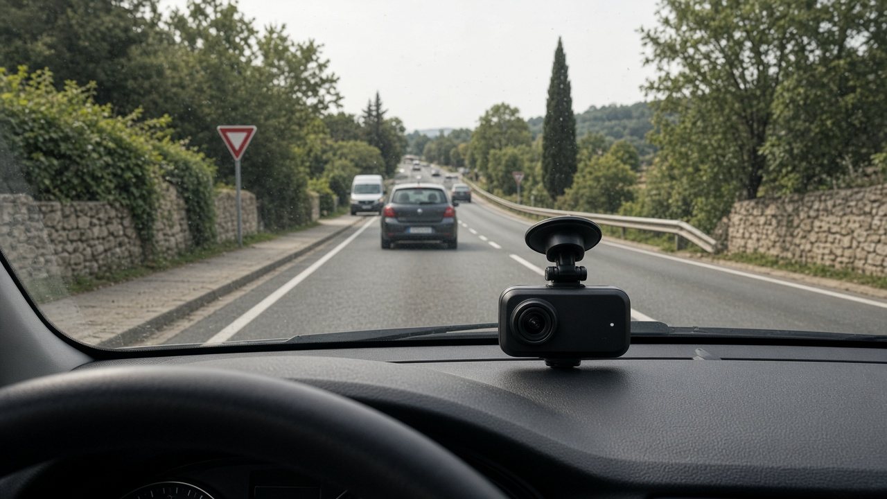 Dashcam sur pare-brise et route